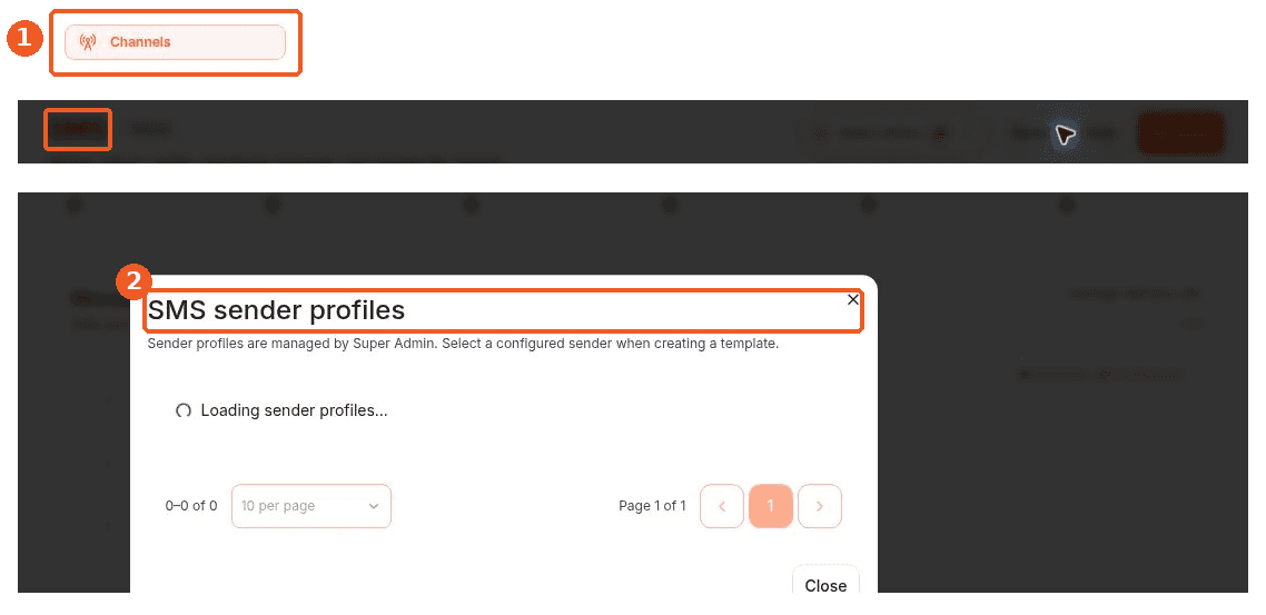 Channels screen showing how to answer: Where can I view sender profiles?