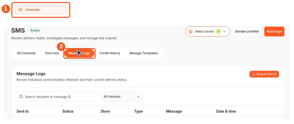 Channels screen showing how to answer: Where can I search delivery logs?