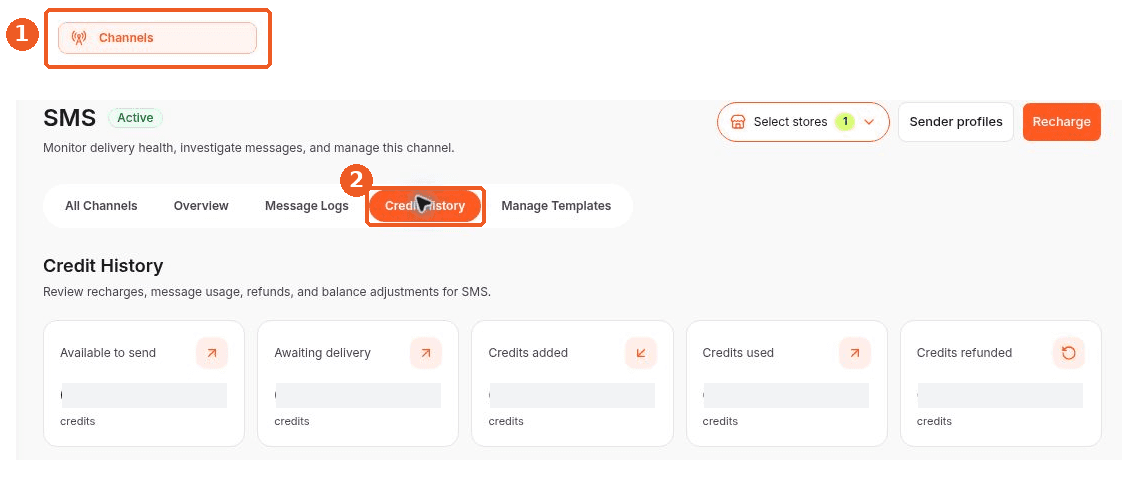 Channels screen showing how to answer: Where can I see SMS credit transactions?