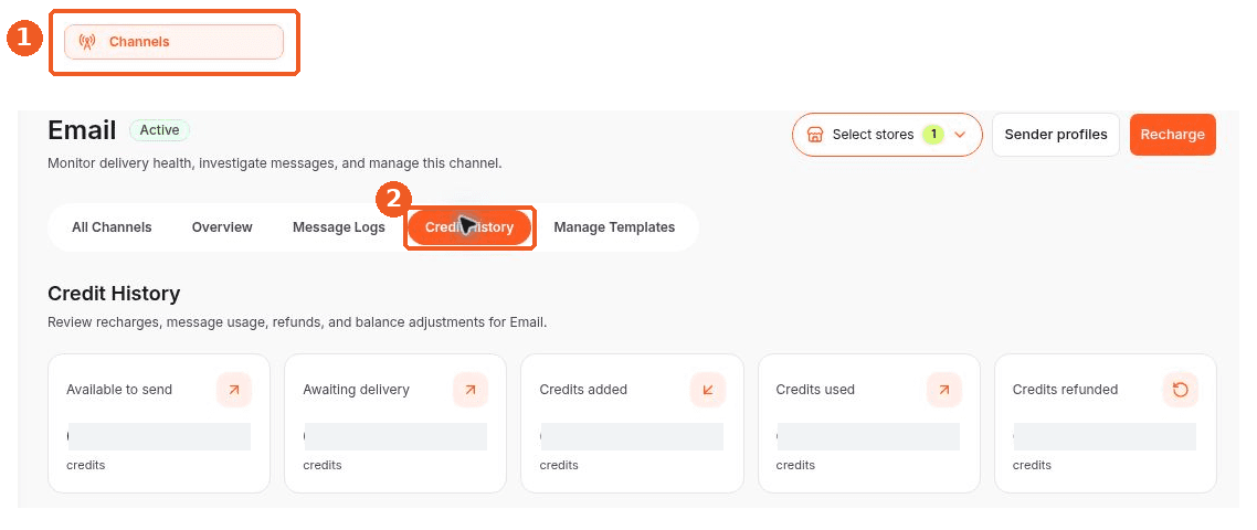 Channels screen showing how to answer: Where can I see email credit transactions?
