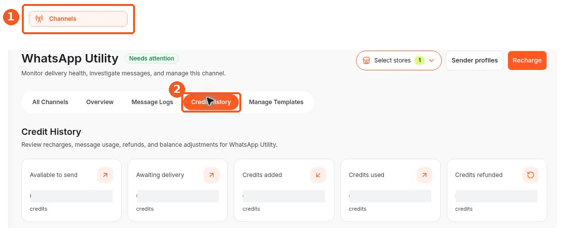 Channels screen showing how to answer: Where can I see WhatsApp Utility credit transactions?