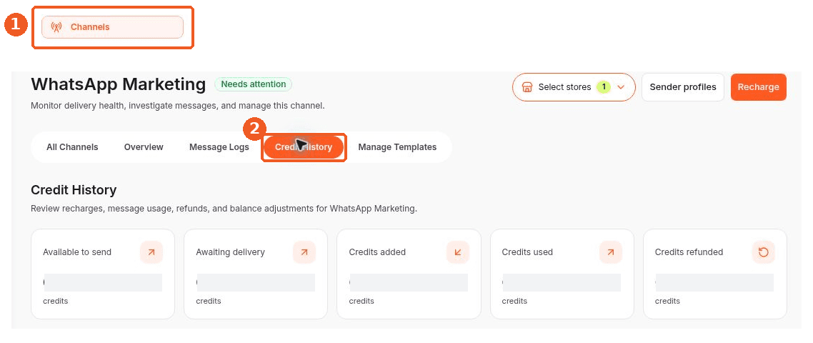 Channels screen showing how to answer: Where can I see WhatsApp Marketing credit transactions?