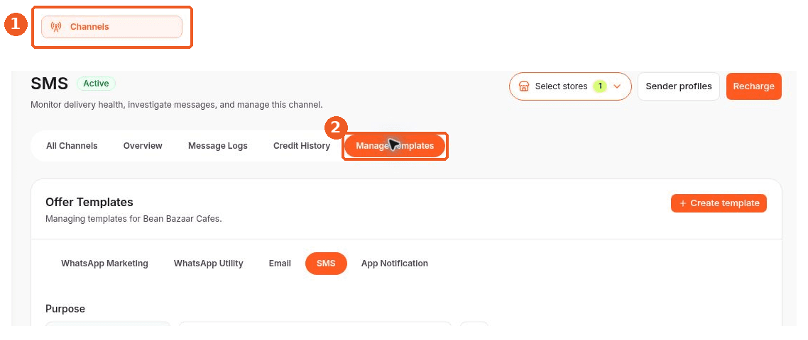 Channels screen showing how to answer: Where can I manage message templates?