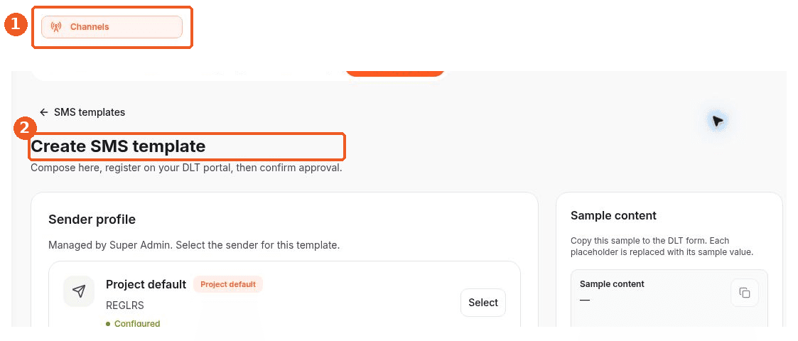 Channels screen showing how to answer: Where can I create an SMS template?