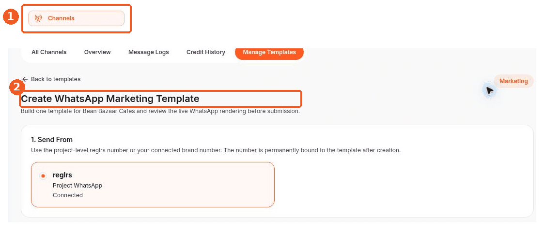 Channels screen showing how to answer: Where can I create a WhatsApp Marketing template?