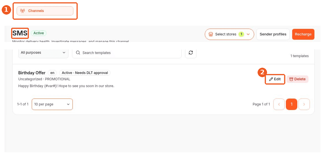 Channels screen showing how to answer: Where can I edit an SMS template?