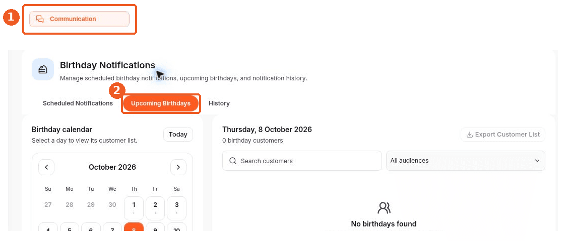 Communication screen showing how to answer: Where can I see upcoming customer birthdays?
