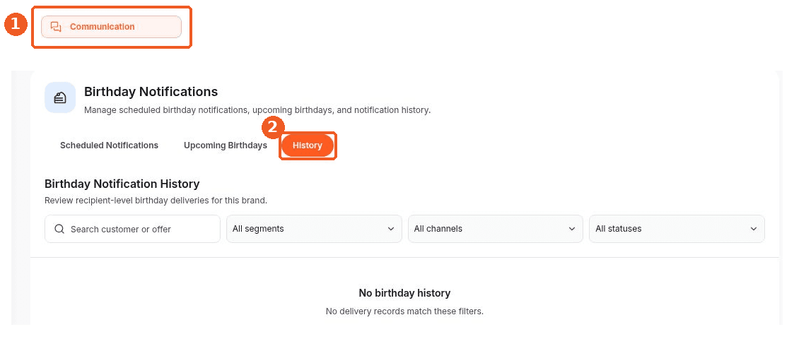Communication screen showing how to answer: Where can I see birthday notification history?