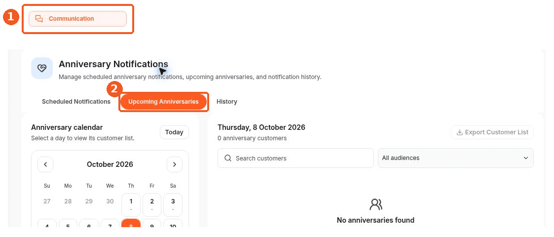 Communication screen showing how to answer: Where can I see upcoming customer anniversaries?