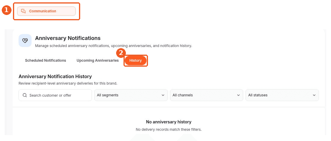 Communication screen showing how to answer: Where can I see anniversary notification history?
