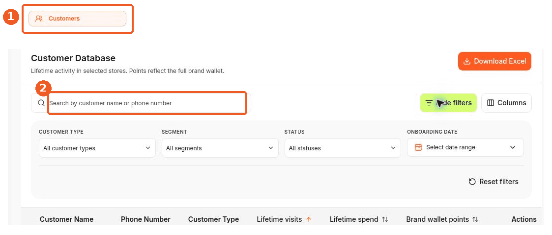 Customers screen showing how to answer: Where can I search for a customer?