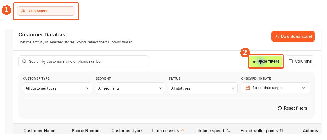Customers screen showing how to answer: How do I filter the customer list?