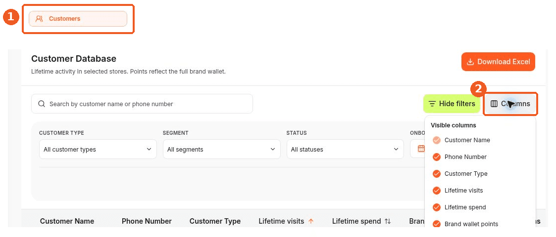 Customers screen showing how to answer: How do I choose the customer columns I see?