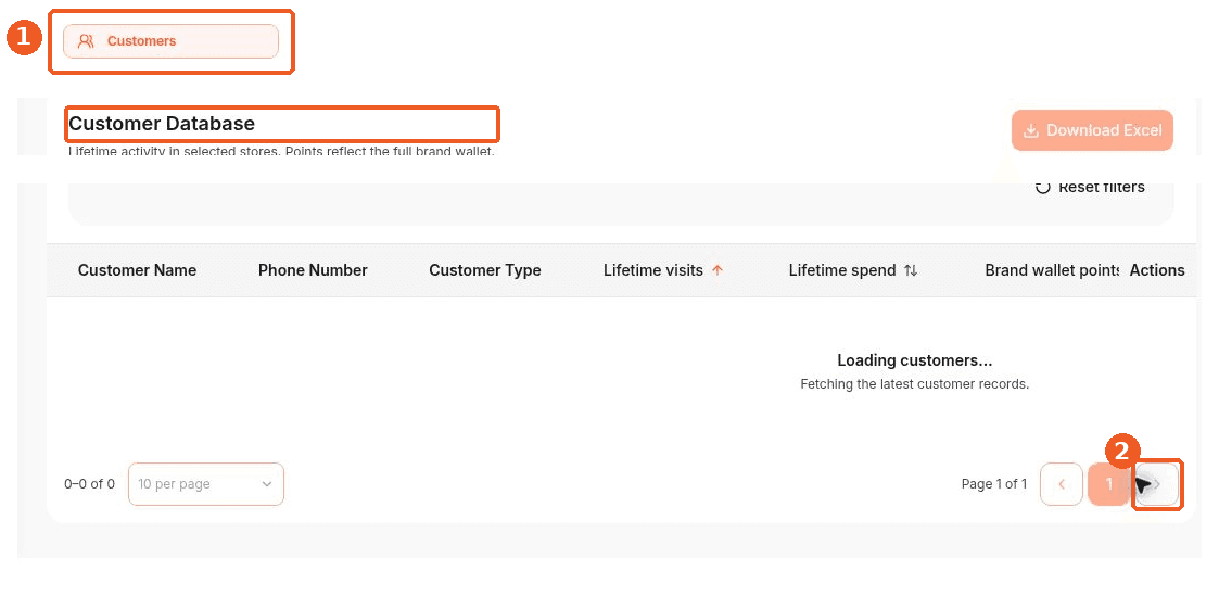 Customers screen showing how to answer: How do I move through the customer list?