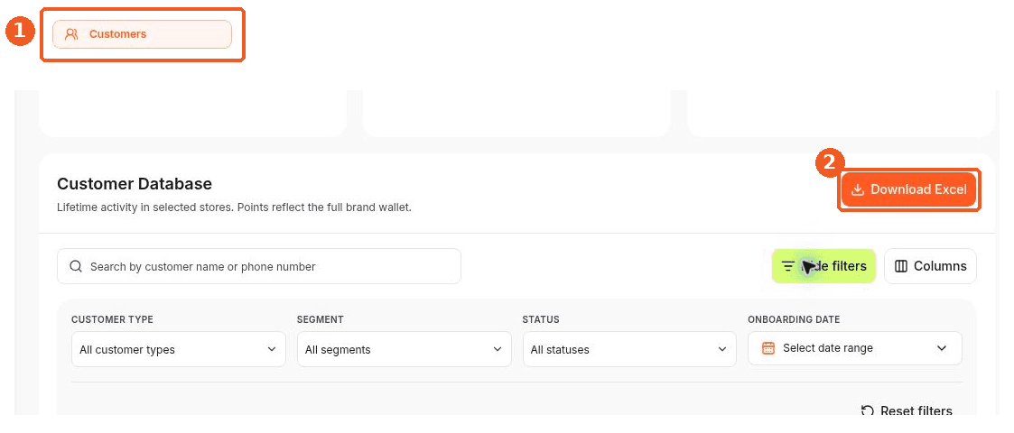 Customers screen showing how to answer: Where can I find the customer list download?