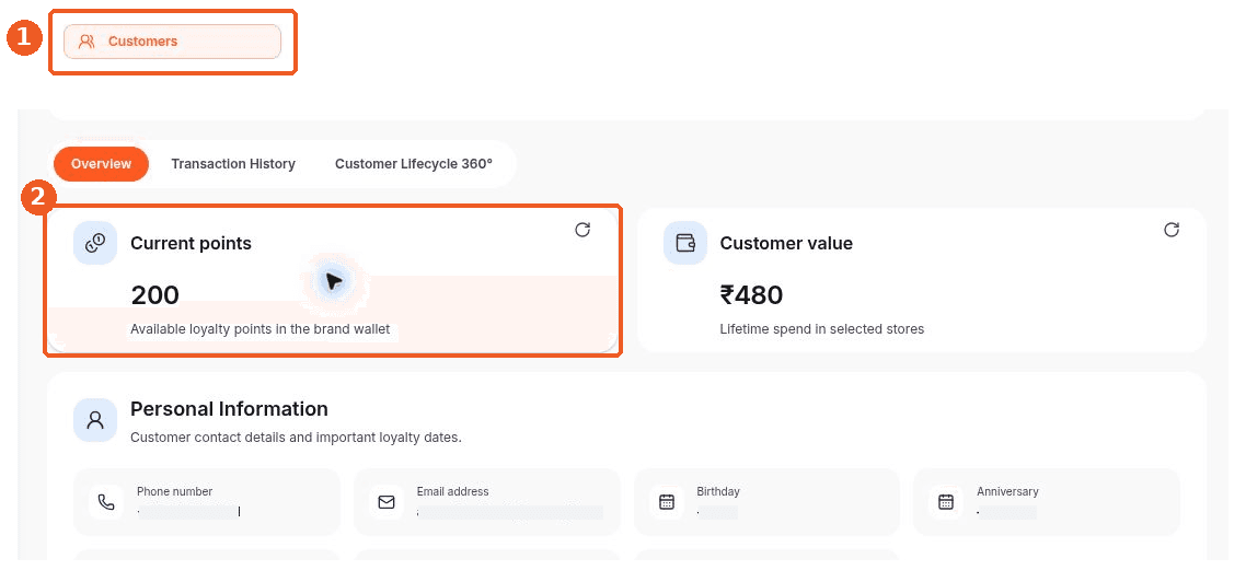 Customers screen showing how to answer: Where can I see a customer’s current points?