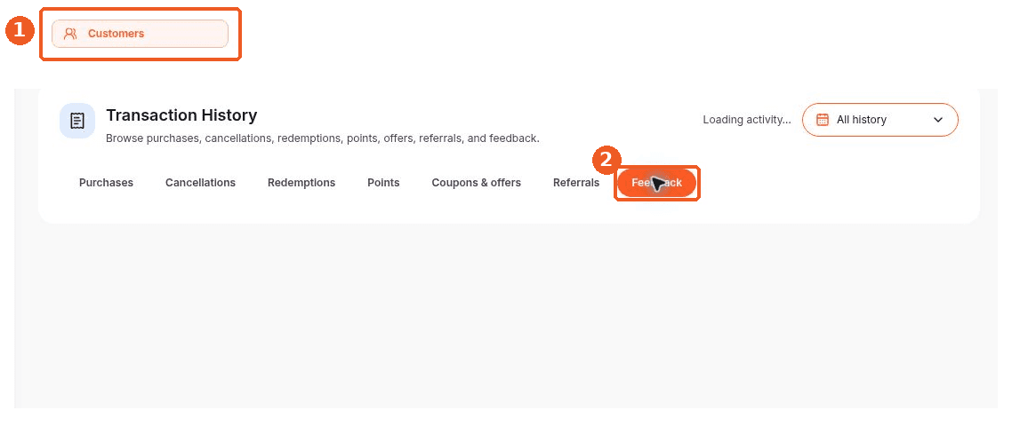 Customers screen showing how to answer: Where can I see a customer’s feedback history?