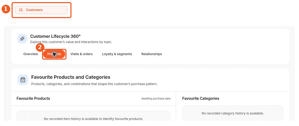 Customers screen showing how to answer: Where can I see a customer’s favourite products and categories?