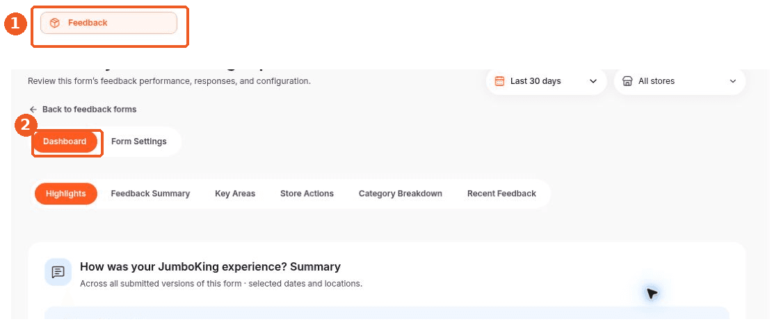 Feedback screen showing how to answer: Where can I open a feedback form’s dashboard?