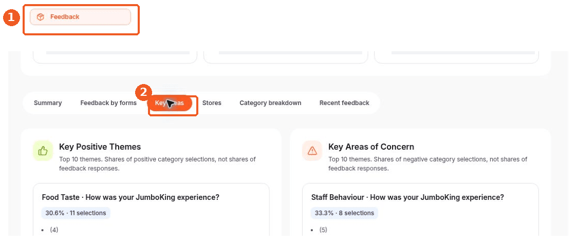 Feedback screen showing how to answer: Where can I see the key areas customers mention?