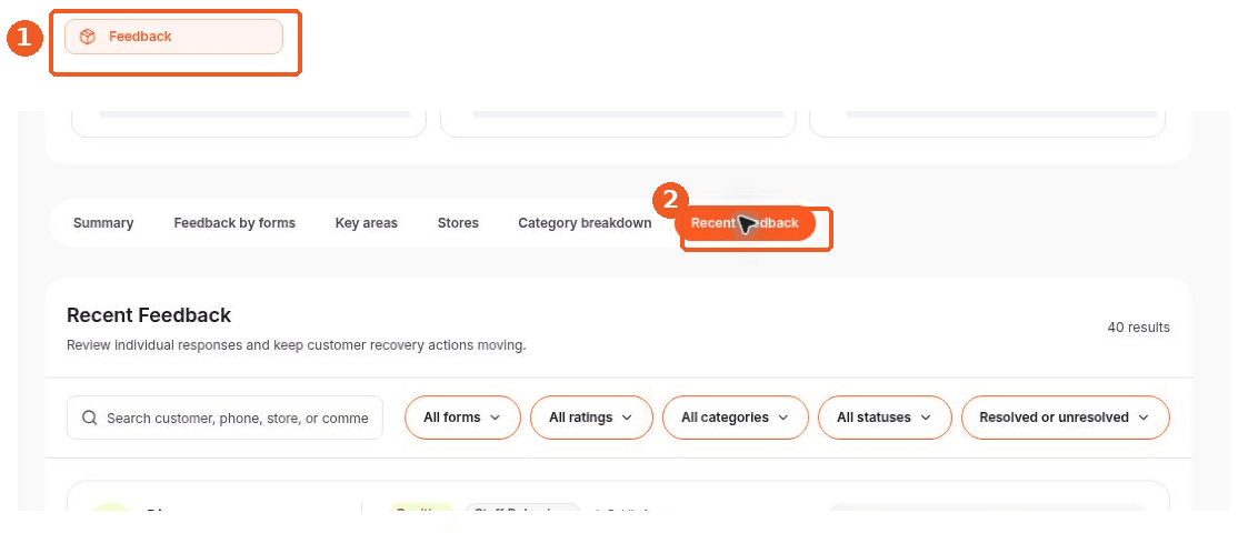 Feedback screen showing how to answer: Where can I search and filter recent feedback?