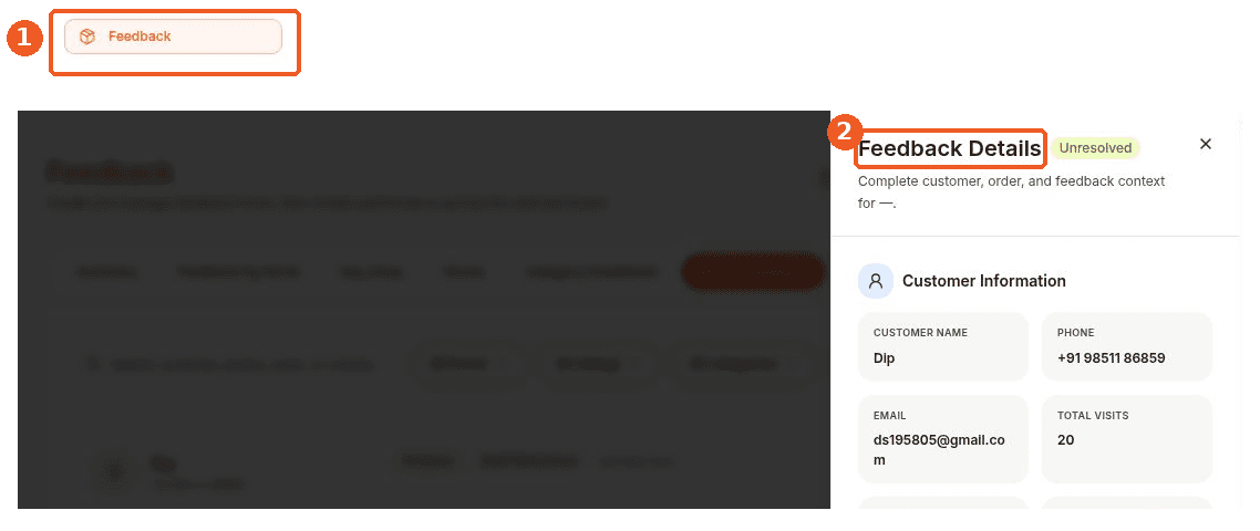 Feedback screen showing how to answer: Where can I see the details of customer feedback?