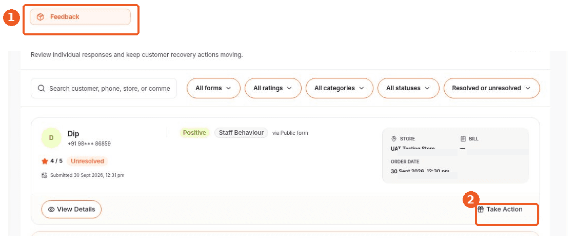 Feedback screen showing how to answer: Where can I start a follow-up offer for feedback?