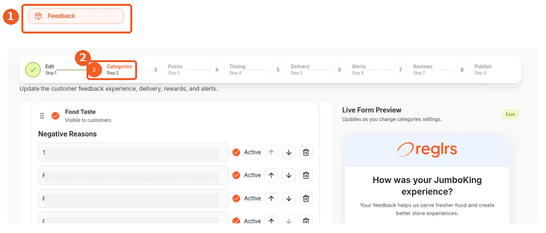 Feedback screen showing how to answer: Where can I edit feedback categories and reasons?