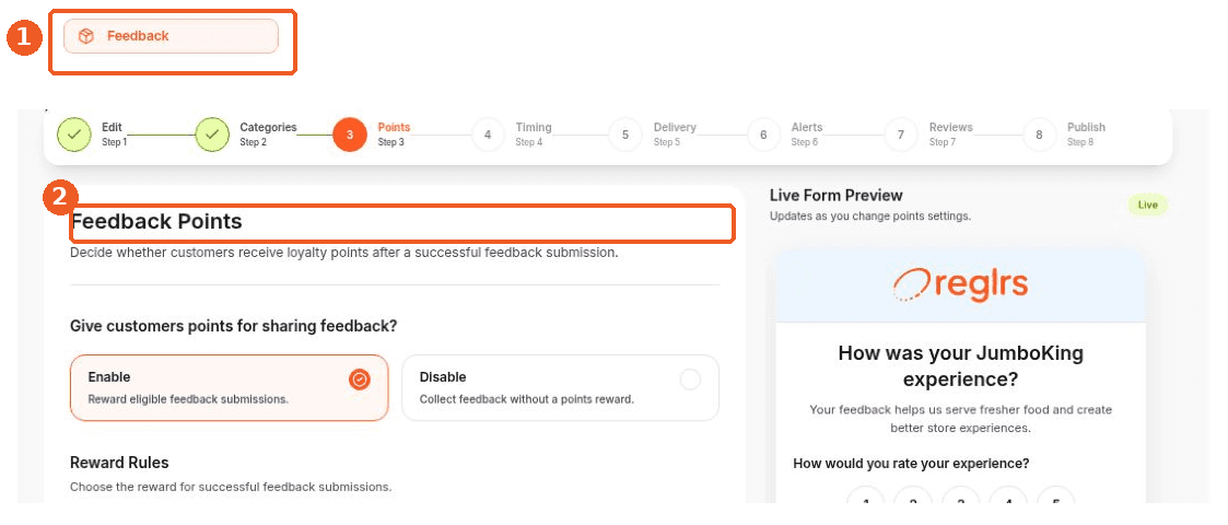 Feedback screen showing how to answer: Where can I configure points for feedback?