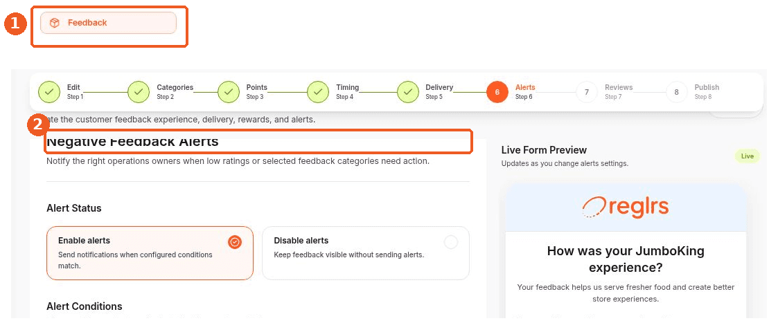 Feedback screen showing how to answer: Where can I configure negative feedback alerts?