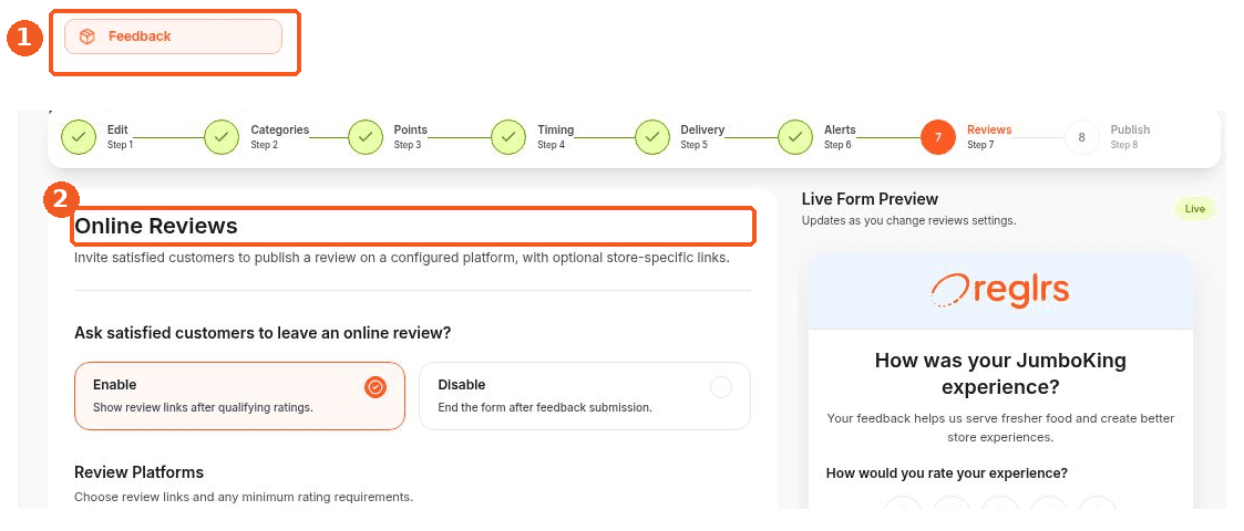 Feedback screen showing how to answer: Where can I configure online review requests?