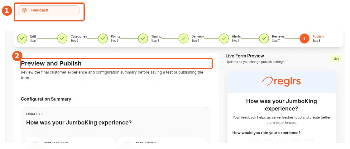 Feedback screen showing how to answer: Where can I preview a feedback form before publishing?