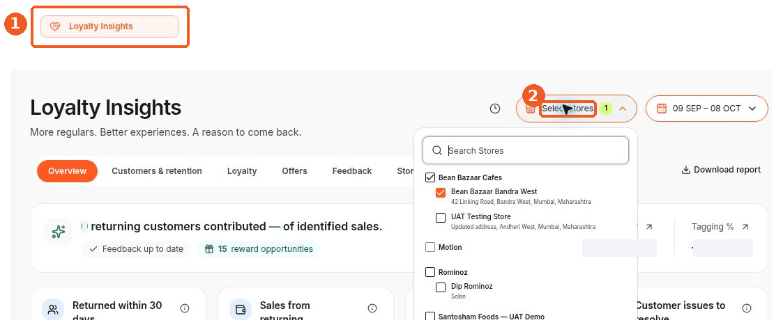 Reglrs Loyalty Insights navigation and Select stores highlighted