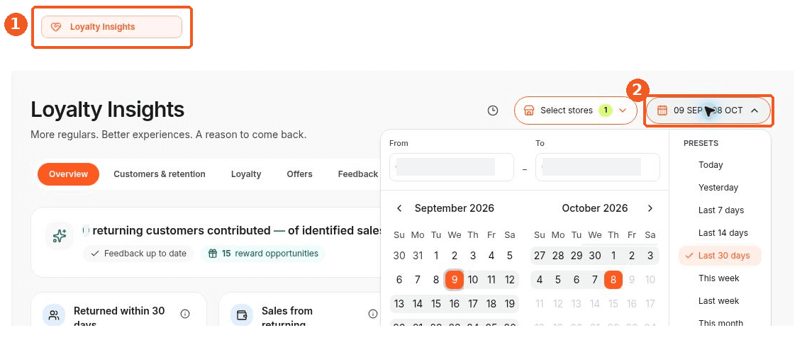 Loyalty Insights screen showing how to answer: How do I change the reporting period?