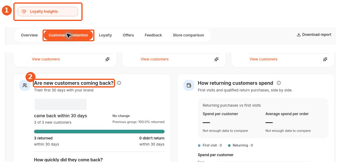 Loyalty Insights screen showing how to answer: Where can I check whether new customers come back?