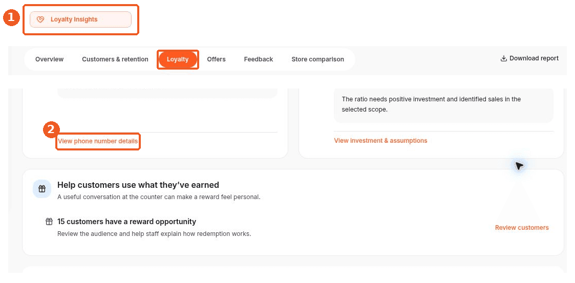 Loyalty Insights screen showing how to answer: Where can I check customer phone number capture?