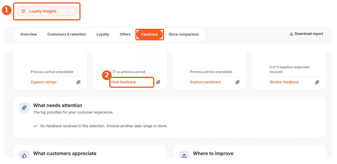 Loyalty Insights screen showing how to answer: Where can I see feedback received?