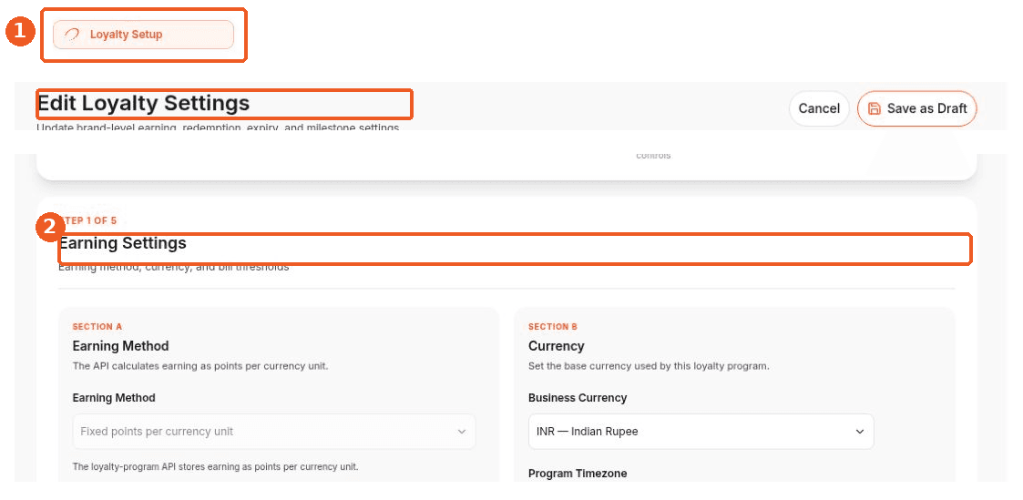 Loyalty Setup screen showing how to answer: Where can I configure how customers earn points?