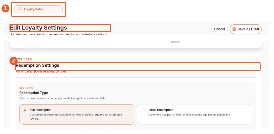 Loyalty Setup screen showing how to answer: Where can I configure points redemption?