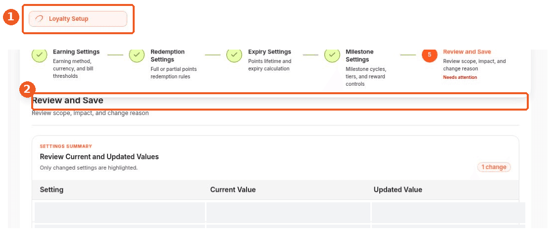 Loyalty Setup screen showing how to answer: Where can I review loyalty changes before saving?