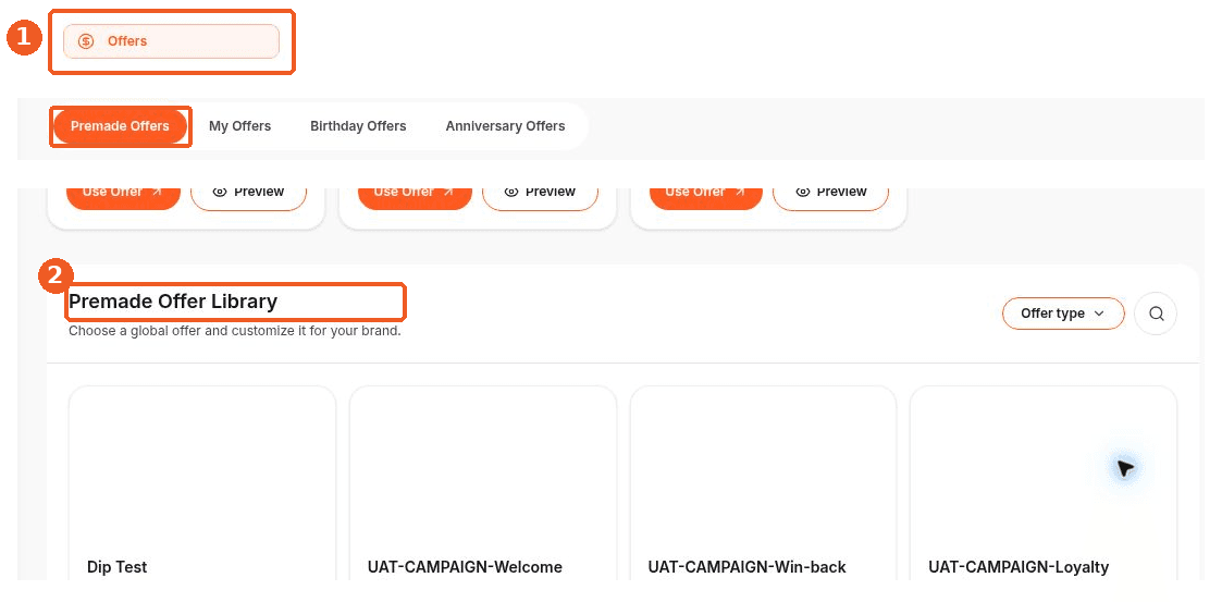Offers screen showing how to answer: Where can I browse premade offers?