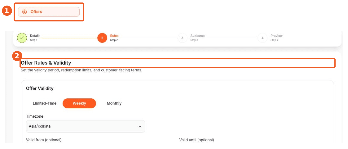 Offers screen showing how to answer: Where can I set an offer’s validity and redemption limits?