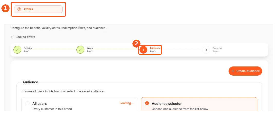 Offers screen showing how to answer: Where can I choose an offer’s audience?
