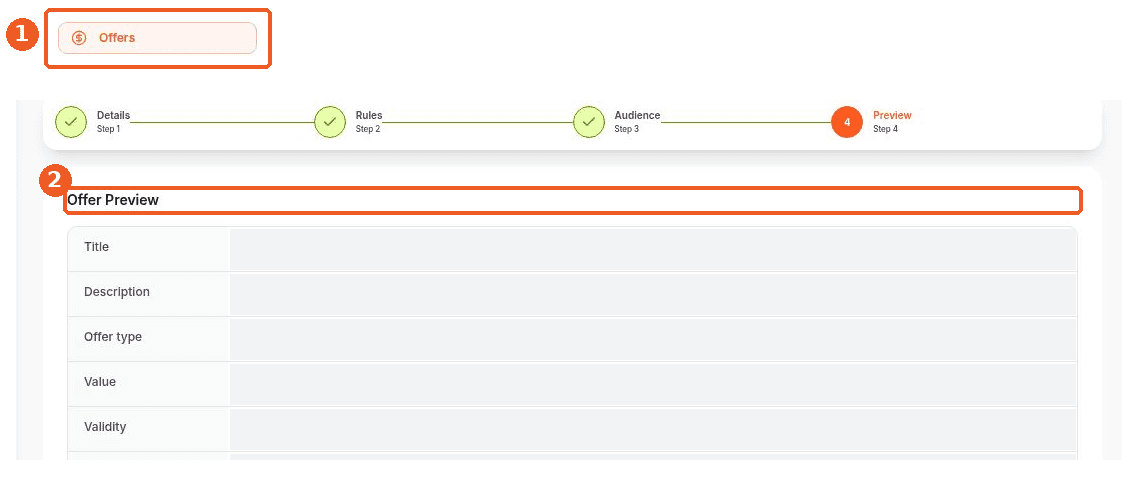 Offers screen showing how to answer: Where can I preview an offer before saving?