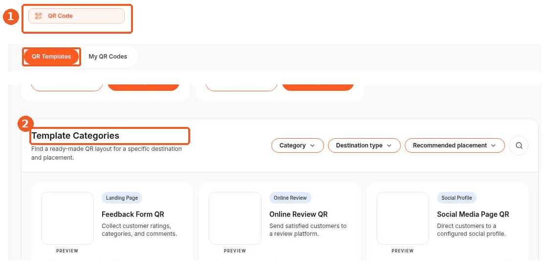 QR Code screen showing how to answer: Where can I browse QR templates?