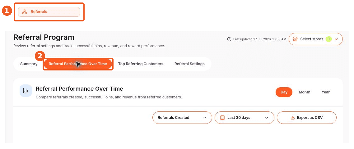 Referrals screen showing how to answer: Where can I see referral performance over time?