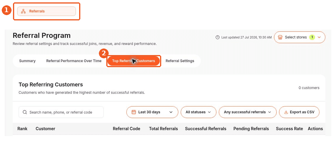 Referrals screen showing how to answer: Where can I see the top referring customers?