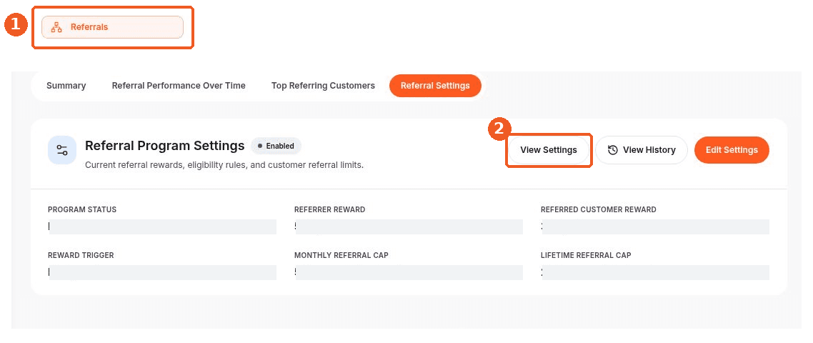 Referrals screen showing how to answer: Where can I view referral program settings?
