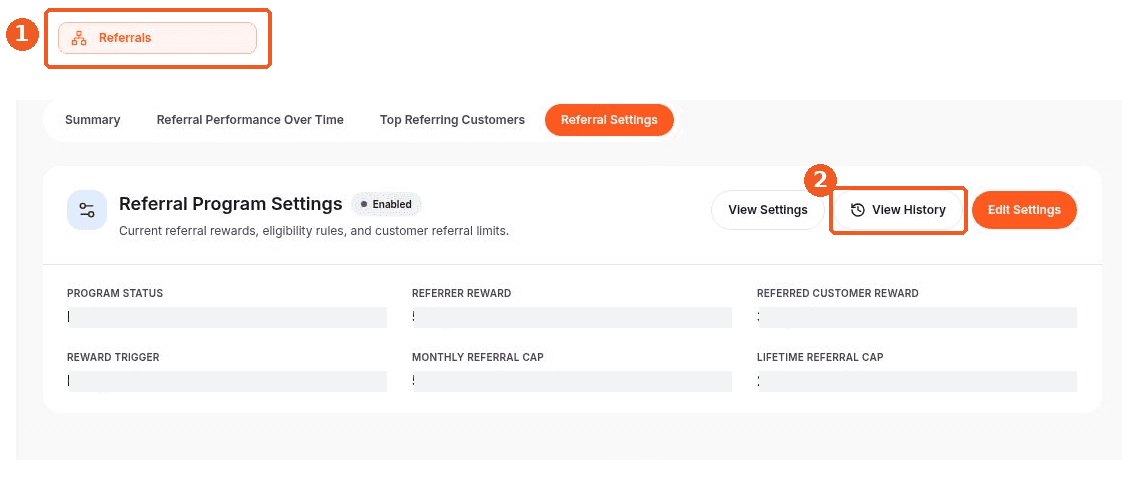 Referrals screen showing how to answer: Where can I see referral settings history?
