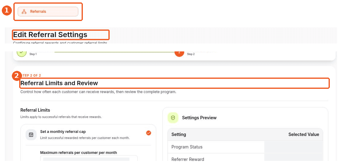 Referrals screen showing how to answer: Where can I configure referral limits and review the program?